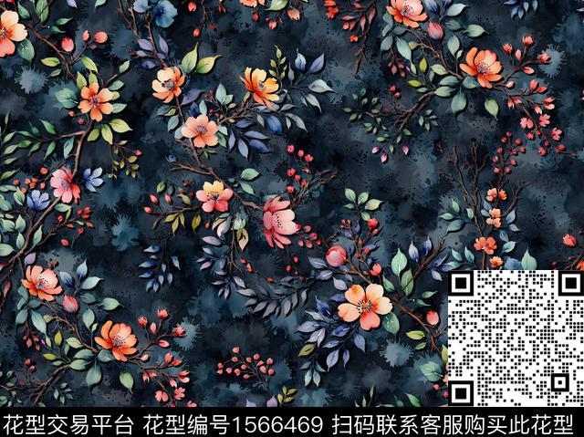 花卉满版散花绘画数码印花华亿平台下载（图片编号: 1566469） - 瓦栏（Walan）
