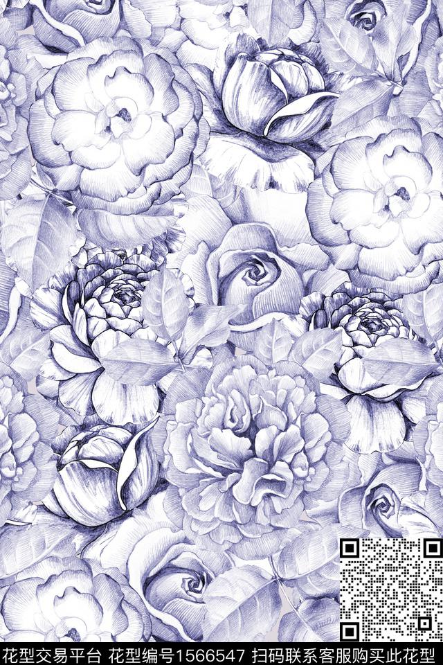 满版散花大花花卉数码印花华亿平台下载（图片编号: 1566547） - 瓦栏（Walan）