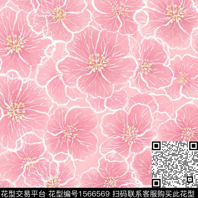 花卉满版散花线条花卉数码印花华亿平台下载（图片编号: 1566569） - 瓦栏（Walan）