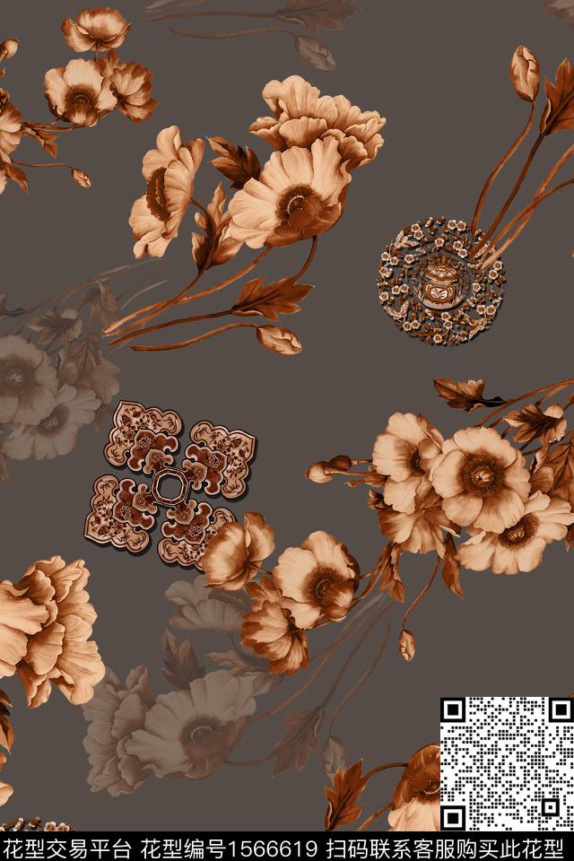 花卉民族纹样影花数码印花华亿平台下载（图片编号: 1566619） - 瓦栏（Walan）
