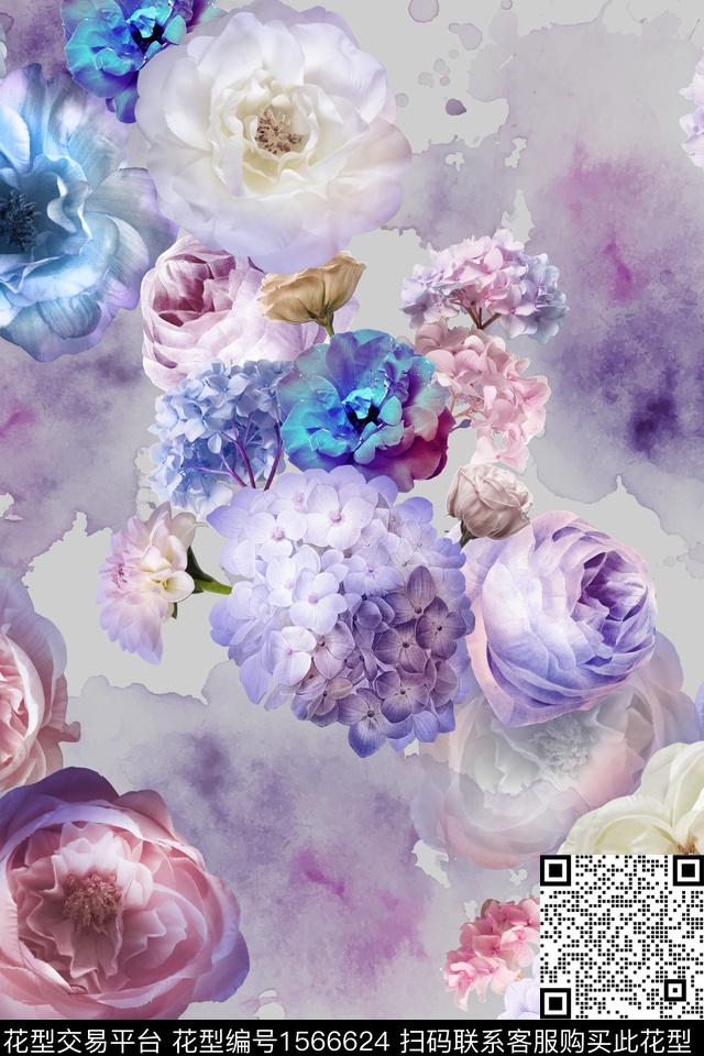 花卉大花水彩数码印花华亿平台下载（图片编号: 1566624） - 瓦栏（Walan）