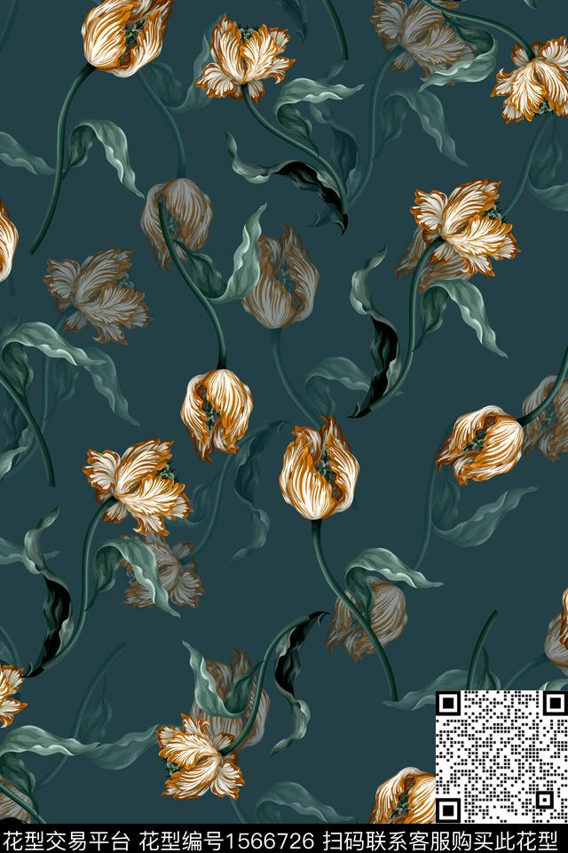 满版散花影花花卉数码印花华亿平台下载（图片编号: 1566726） - 瓦栏（Walan）