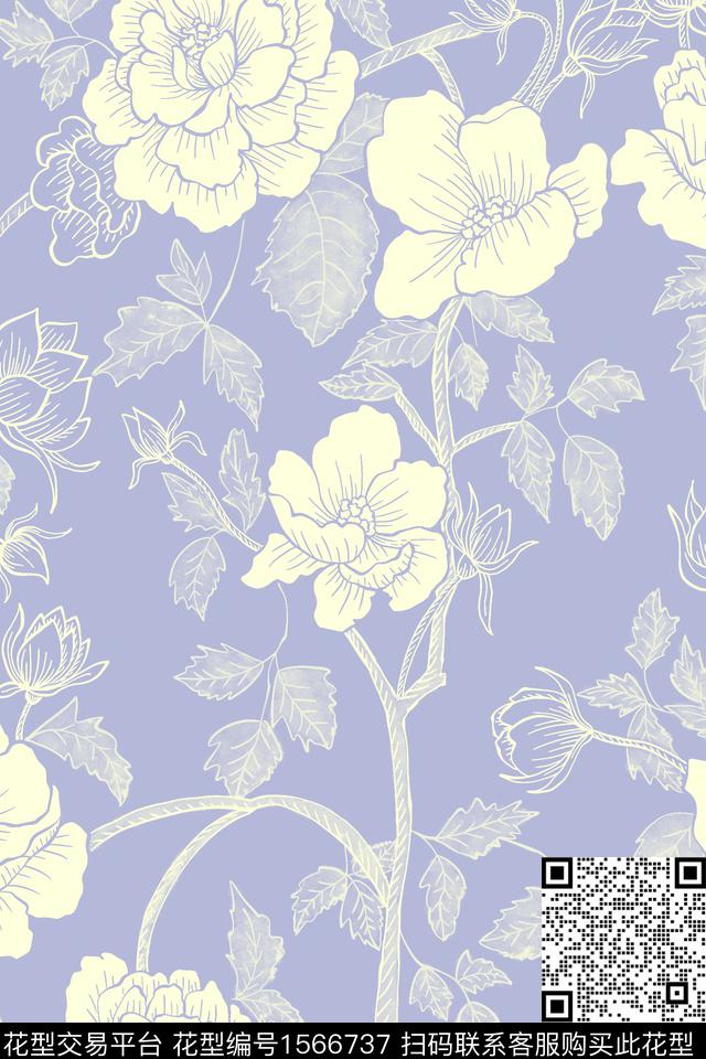 清爽底花卉大花花卉数码印花华亿平台下载（图片编号: 1566737） - 瓦栏（Walan）