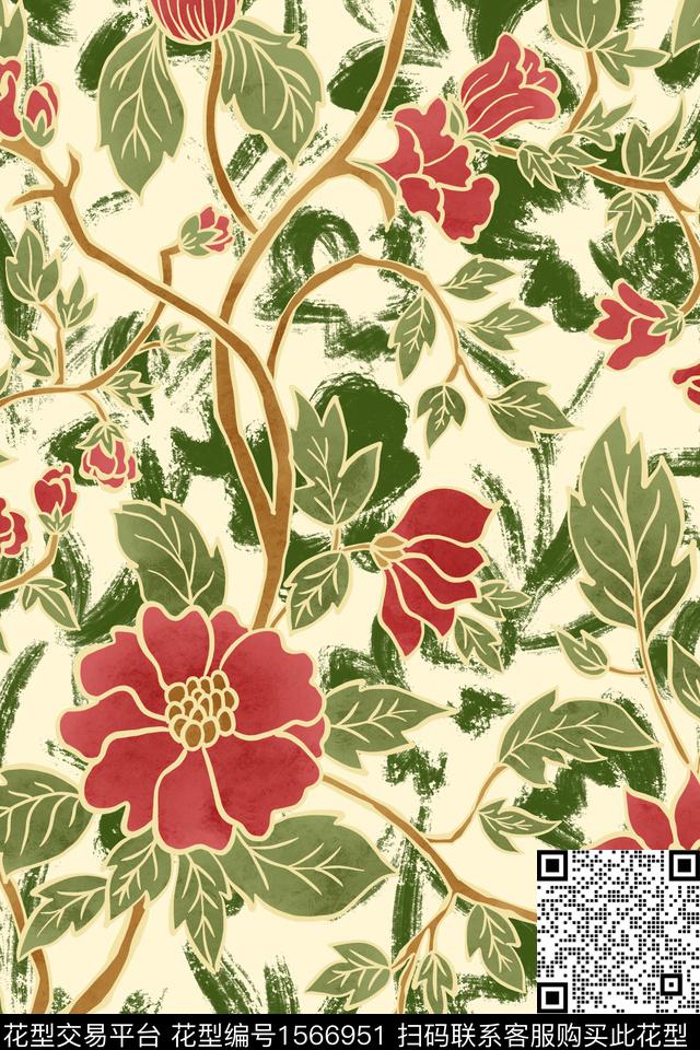 树枝花卉笔触数码印花华亿平台下载（图片编号: 1566951） - 瓦栏（Walan）