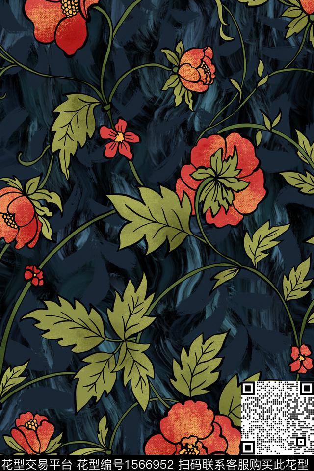 平面花卉黑底花卉花卉数码印花华亿平台下载（图片编号: 1566952） - 瓦栏（Walan）