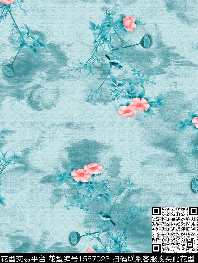 荷花鸟肌理数码印花华亿平台下载（图片编号: 1567023） - 瓦栏（Walan）