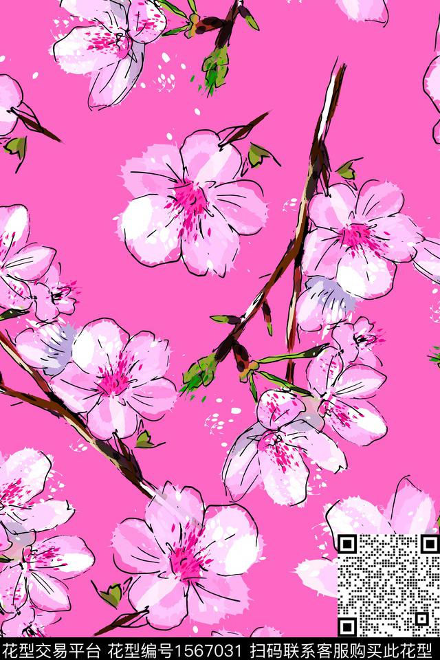 花卉枝条花墨迹数码印花华亿平台下载（图片编号: 1567031） - 瓦栏（Walan）