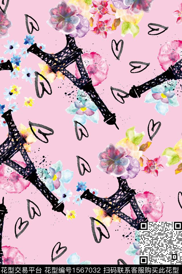 铁塔爱心花卉数码印花华亿平台下载（图片编号: 1567032） - 瓦栏（Walan）