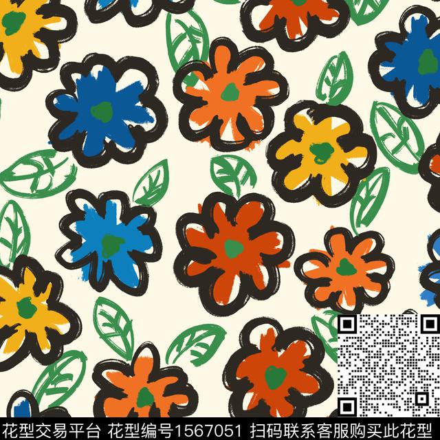 花卉涂鸦笔触数码印花华亿平台下载（图片编号: 1567051） - 瓦栏（Walan）