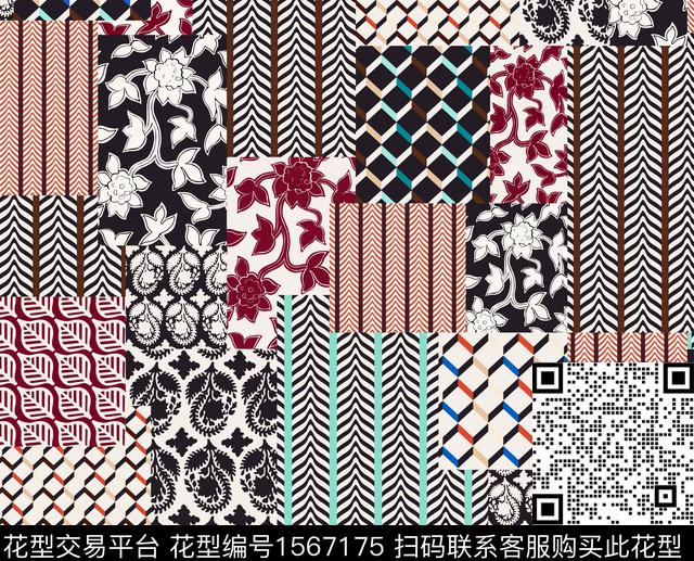 拼接几何复古数码印花华亿平台下载（图片编号: 1567175） - 瓦栏（Walan）