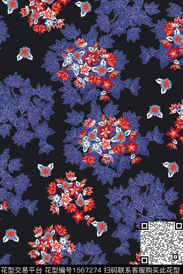 黑底花卉花卉线条花卉数码印花华亿平台下载（图片编号: 1567274） - 瓦栏（Walan）