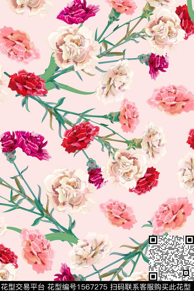 花卉清爽康乃馨数码印花华亿平台下载（图片编号: 1567275） - 瓦栏（Walan）