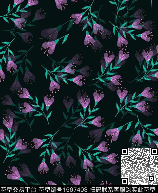 花卉黑底花卉影花数码印花华亿平台下载（图片编号: 1567403） - 瓦栏（Walan）