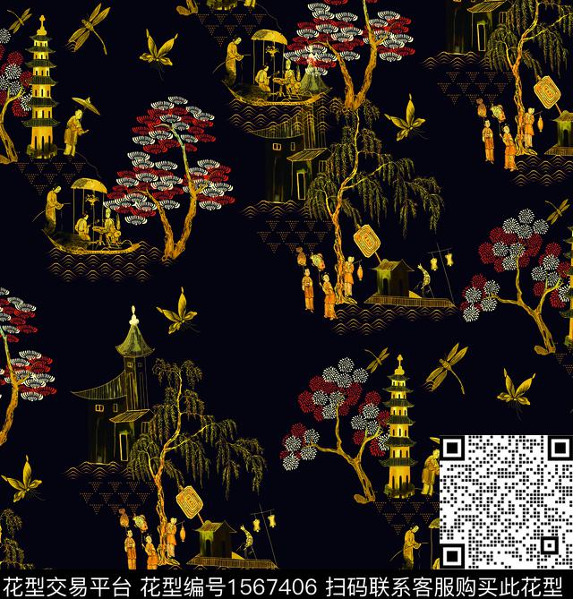 树木人物塔数码印花华亿平台下载（图片编号: 1567406） - 瓦栏（Walan）