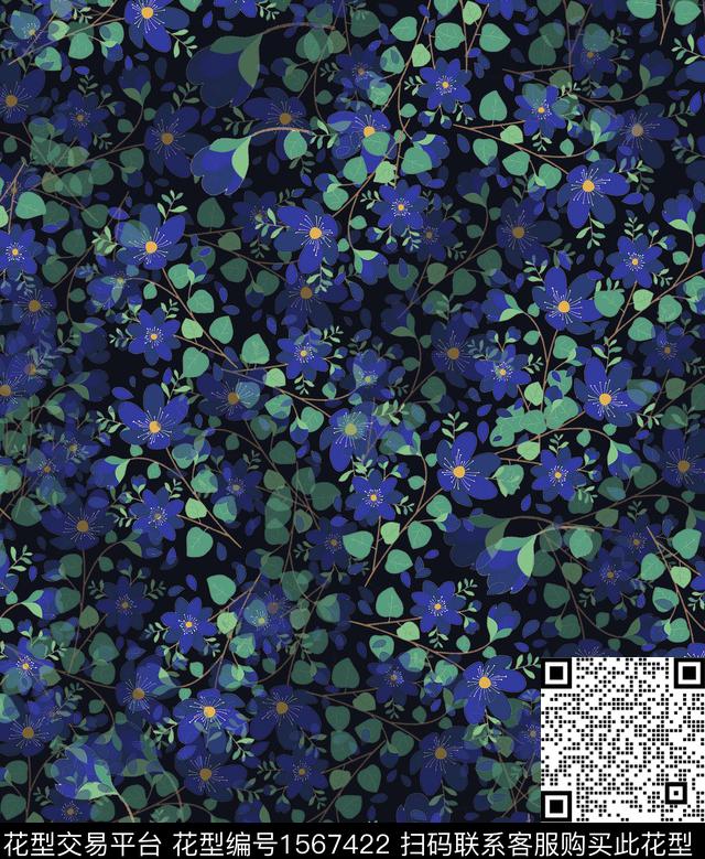 花卉黑底花卉影花数码印花华亿平台下载（图片编号: 1567422） - 瓦栏（Walan）