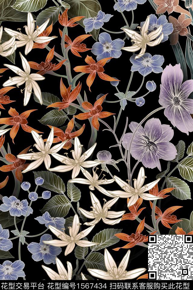 植物黑底花卉花卉数码印花华亿平台下载（图片编号: 1567434） - 瓦栏（Walan）
