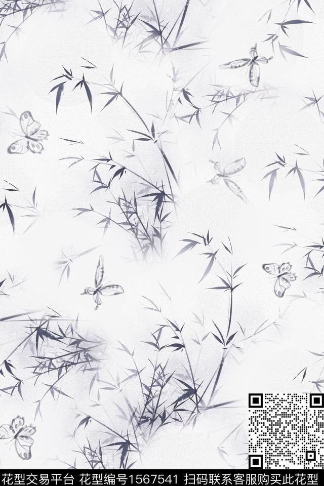 竹子蝴蝶中国风数码印花华亿平台下载（图片编号: 1567541） - 瓦栏（Walan）