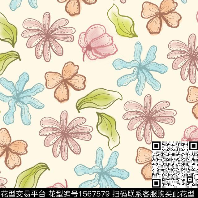 花卉可爱线条花卉数码印花华亿平台下载（图片编号: 1567579） - 瓦栏（Walan）