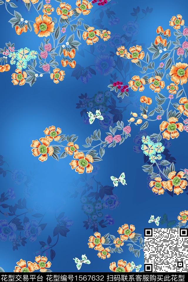 花卉影花蝴蝶数码印花华亿平台下载（图片编号: 1567632） - 瓦栏（Walan）