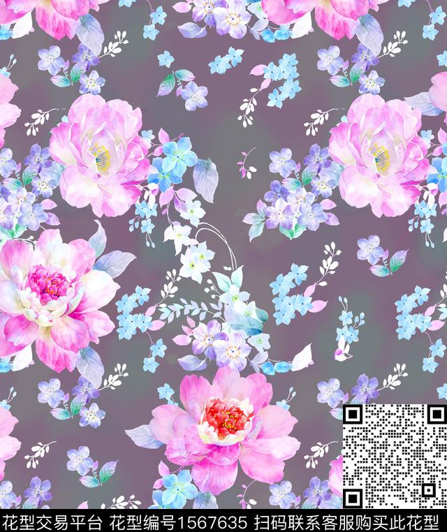 花卉水彩花卉满版散花数码印花华亿平台下载（图片编号: 1567635） - 瓦栏（Walan）