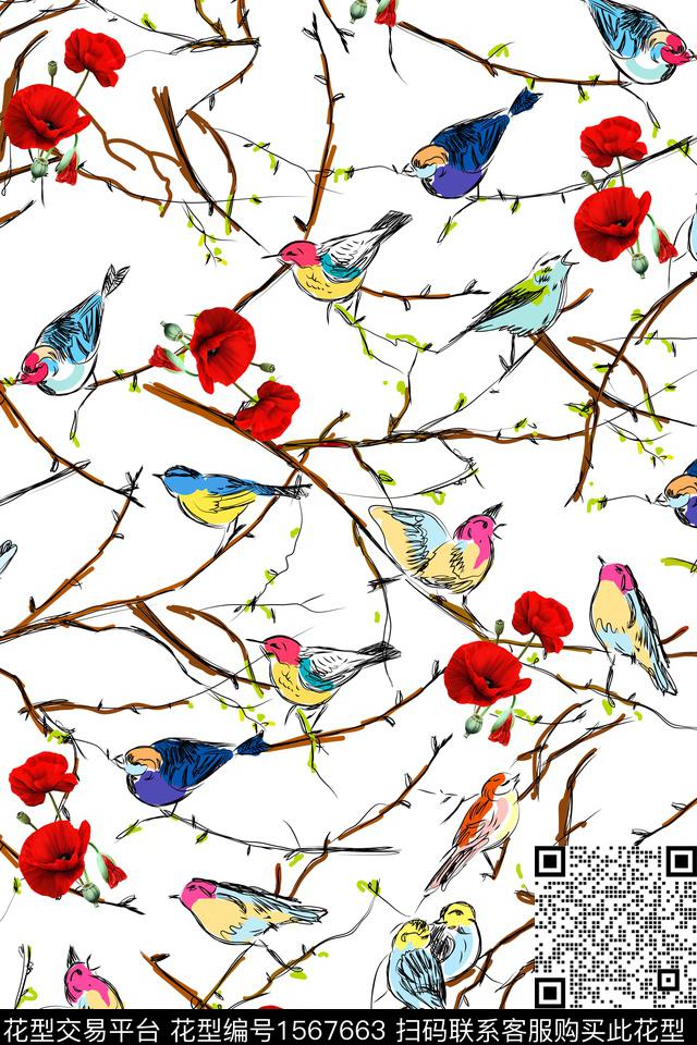树枝年轻女性虞美人数码印花华亿平台下载（图片编号: 1567663） - 瓦栏（Walan）