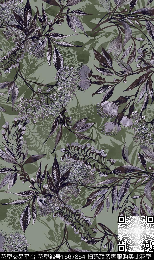 花卉剪影植物数码印花华亿平台下载（图片编号: 1567854） - 瓦栏（Walan）