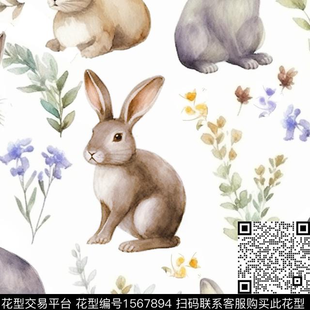 兔子花卉叶子数码印花华亿平台下载（图片编号: 1567894） - 瓦栏（Walan）