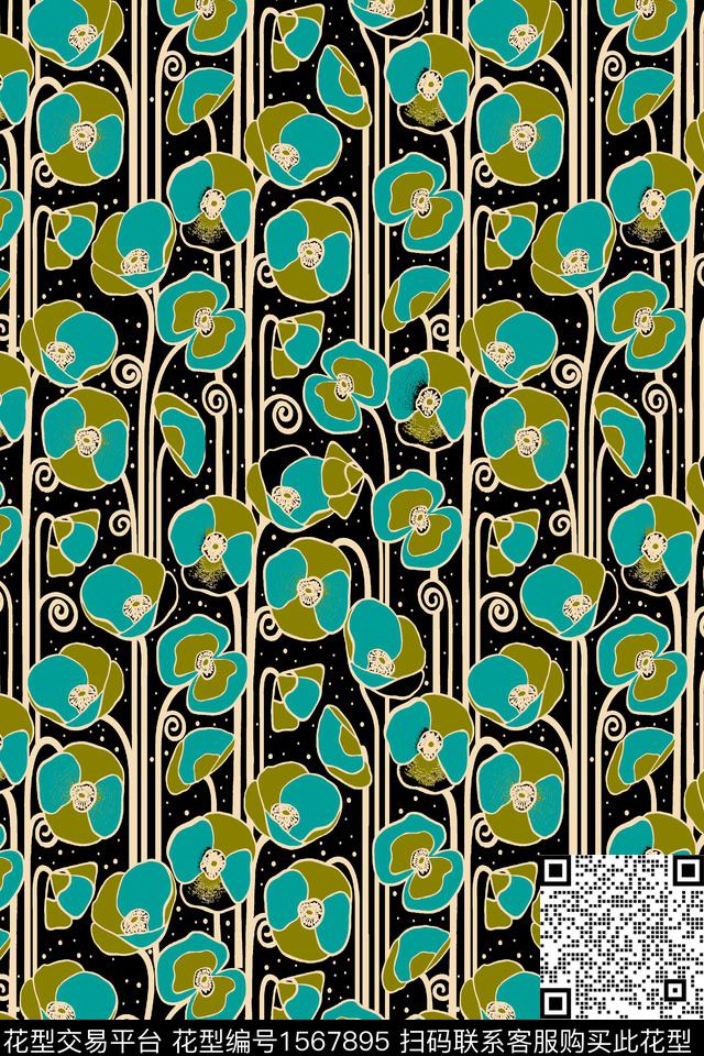 花卉黑底花卉藤蔓数码印花华亿平台下载（图片编号: 1567895） - 瓦栏（Walan）