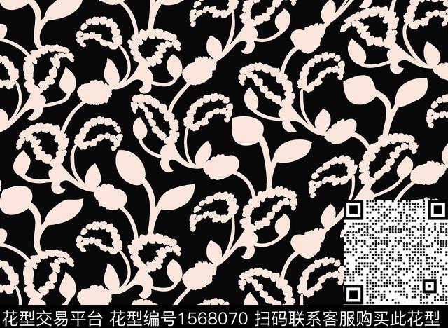 叶子黑底花卉黑白传统印花华亿平台下载（图片编号: 1568070） - 瓦栏（Walan）