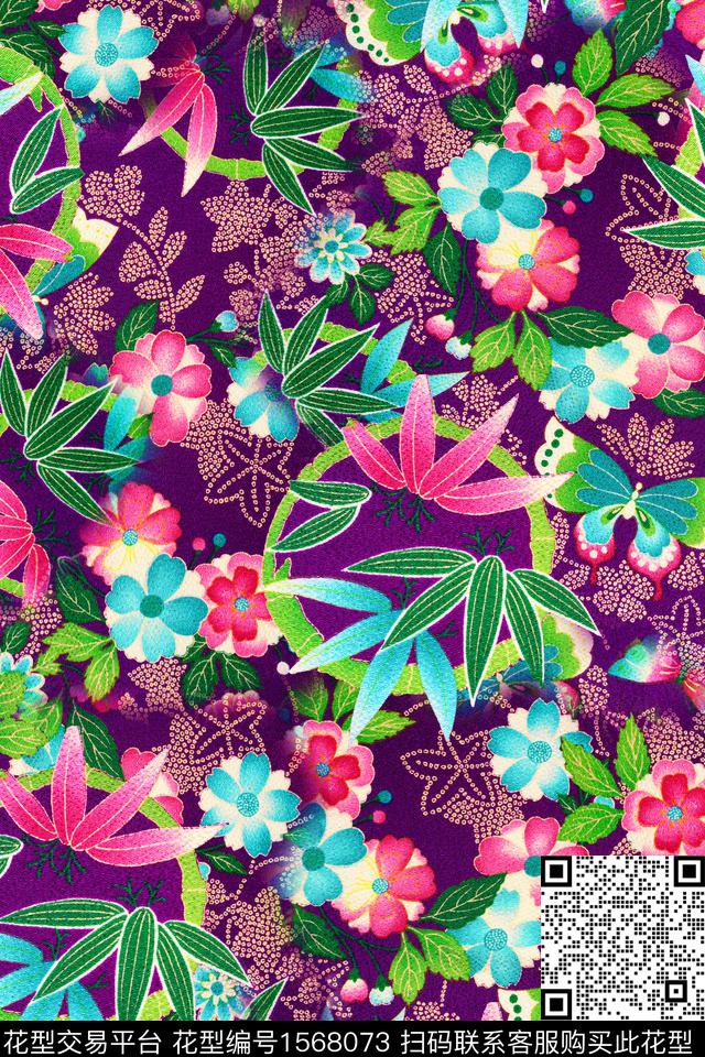 花卉绿植树叶蝴蝶数码印花华亿平台下载（图片编号: 1568073） - 瓦栏（Walan）