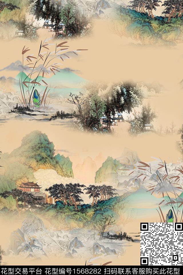 山水中国风国画数码印花华亿平台下载（图片编号: 1568282） - 瓦栏（Walan）