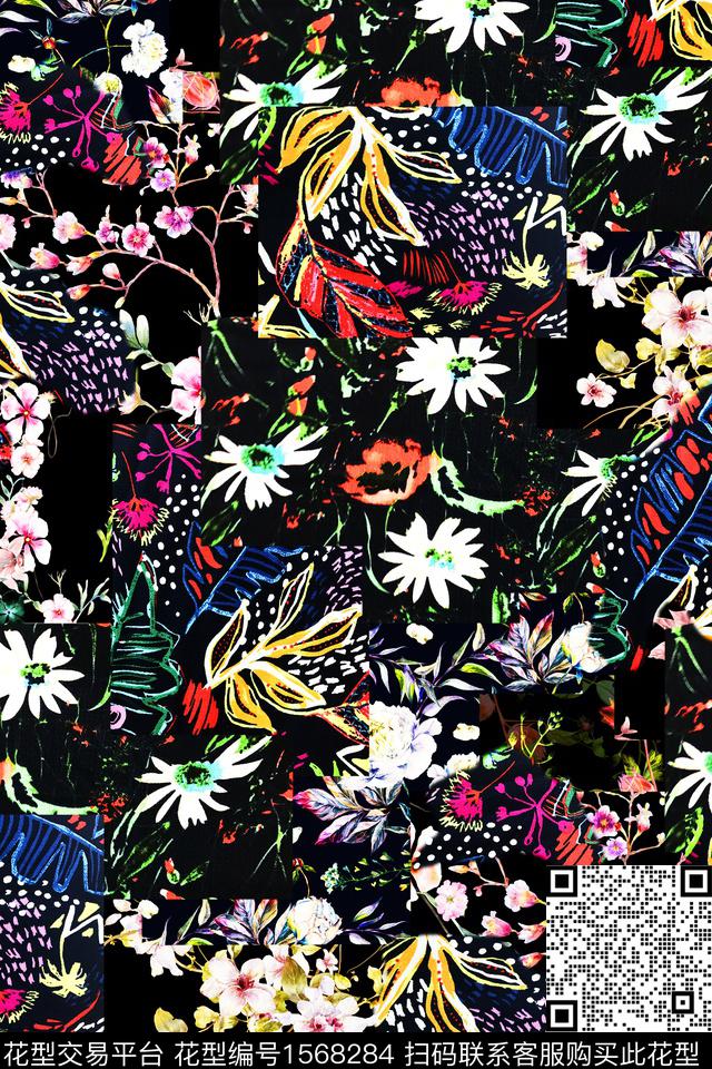 花卉抽象黑底花卉数码印花华亿平台下载（图片编号: 1568284） - 瓦栏（Walan）