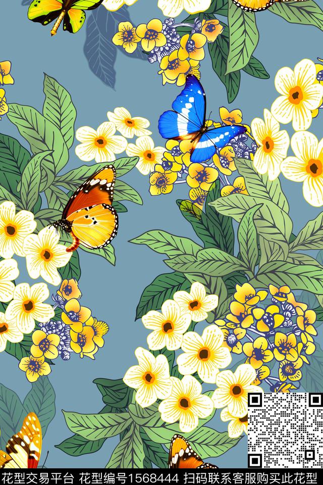 花卉大花蝴蝶数码印花华亿平台下载（图片编号: 1568444） - 瓦栏（Walan）
