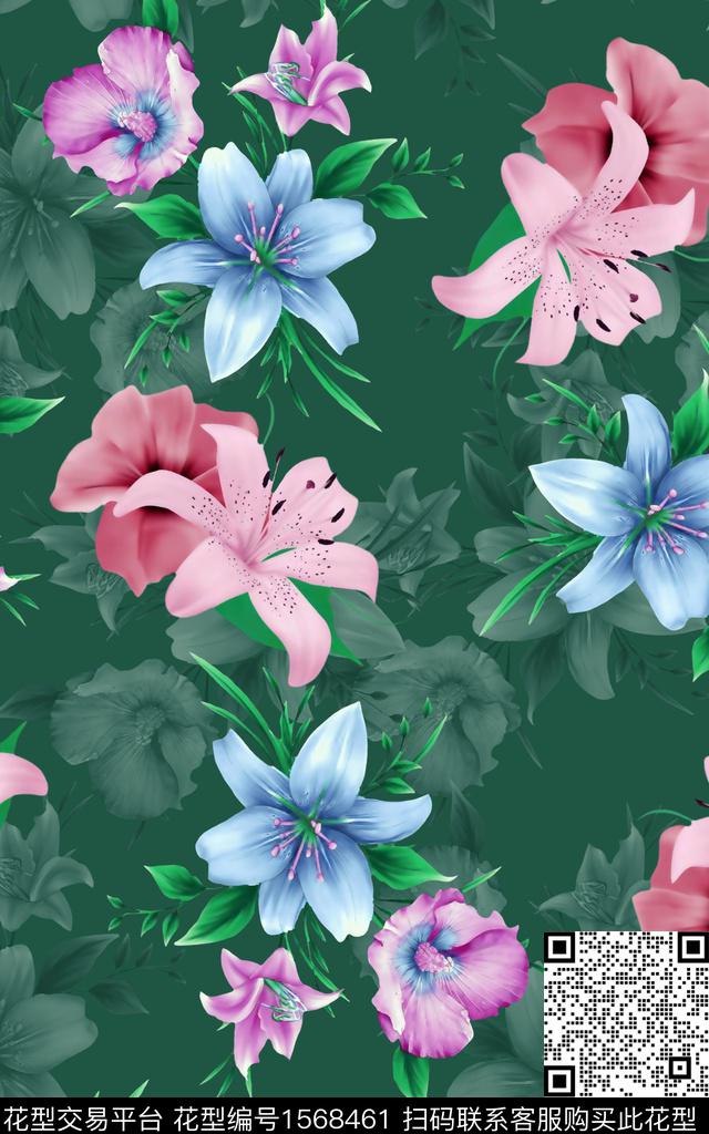 花卉影花满版散花数码印花华亿平台下载（图片编号: 1568461） - 瓦栏（Walan）