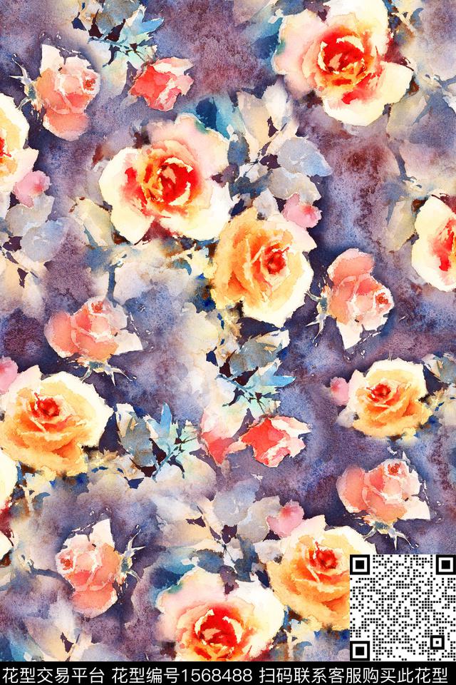 花卉玫瑰花水彩花卉数码印花华亿平台下载（图片编号: 1568488） - 瓦栏（Walan）