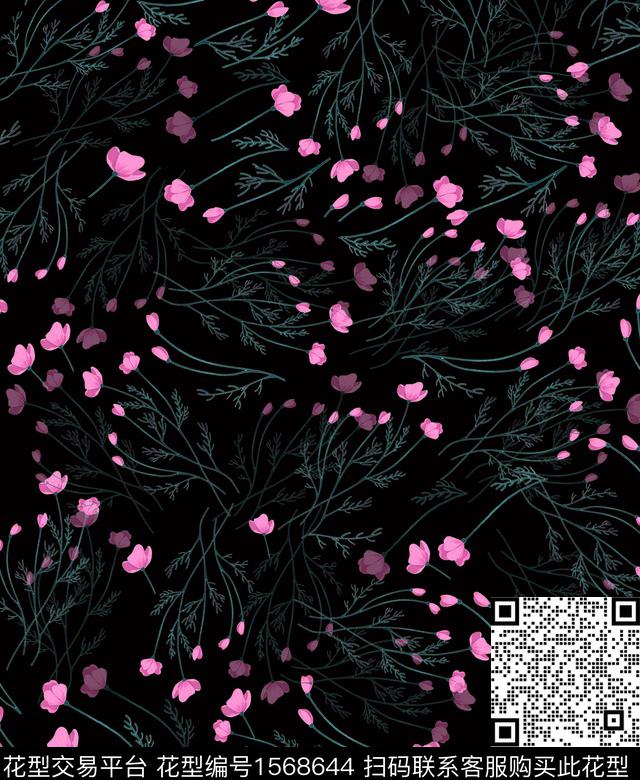 黑底花卉小碎花连衣裙数码印花华亿平台下载（图片编号: 1568644） - 瓦栏（Walan）