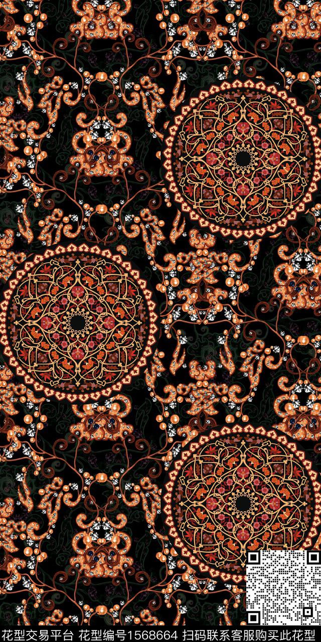 民族风黑底纹样数码印花华亿平台下载（图片编号: 1568664） - 瓦栏（Walan）