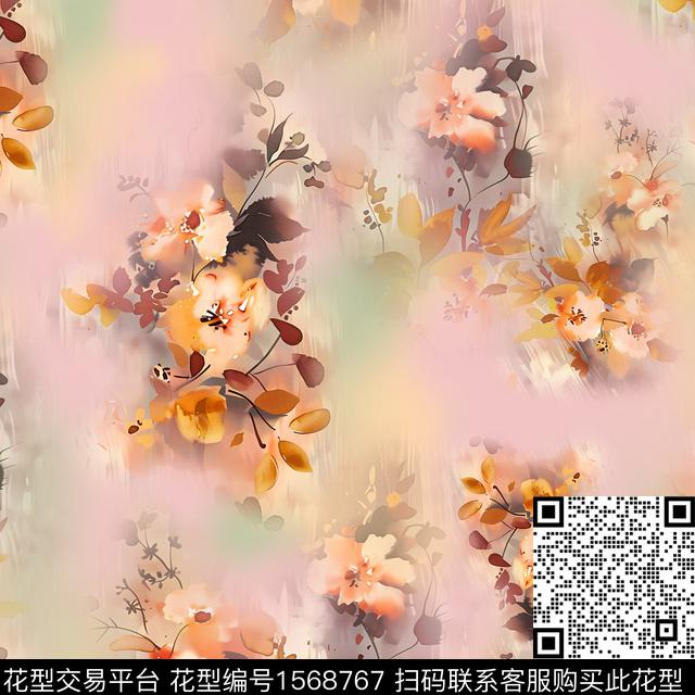 雪纺水彩花卉水彩数码印花华亿平台下载（图片编号: 1568767） - 瓦栏（Walan）