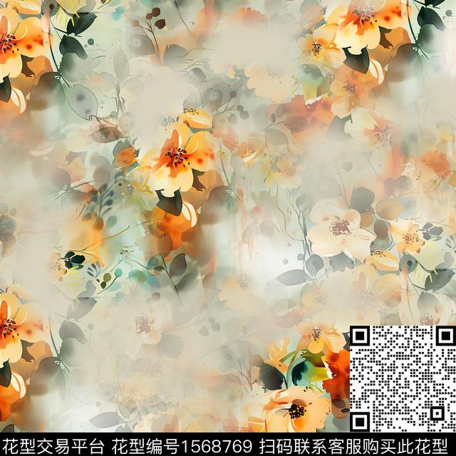 雪纺水彩花卉水彩数码印花华亿平台下载（图片编号: 1568769） - 瓦栏（Walan）