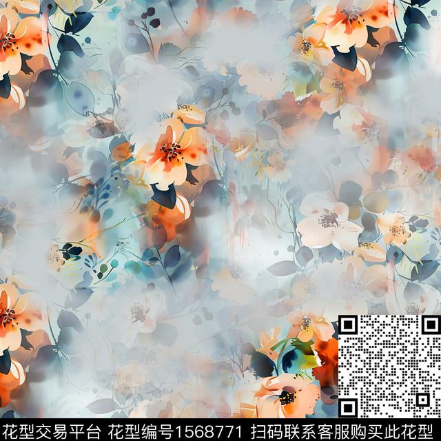 雪纺水彩花卉水彩数码印花华亿平台下载（图片编号: 1568771） - 瓦栏（Walan）