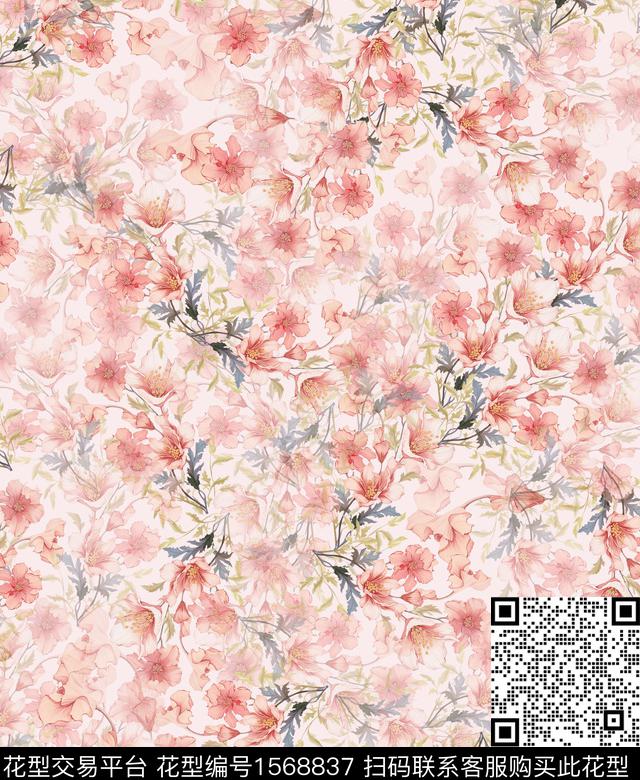 花卉水彩花卉满版散花数码印花华亿平台下载（图片编号: 1568837） - 瓦栏（Walan）