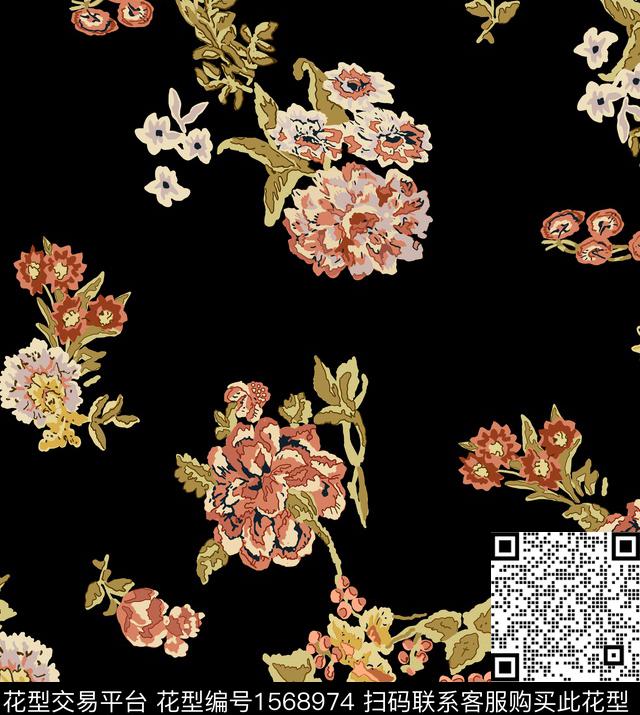 花卉手绘黑底花卉传统印花华亿平台下载（图片编号: 1568974） - 瓦栏（Walan）
