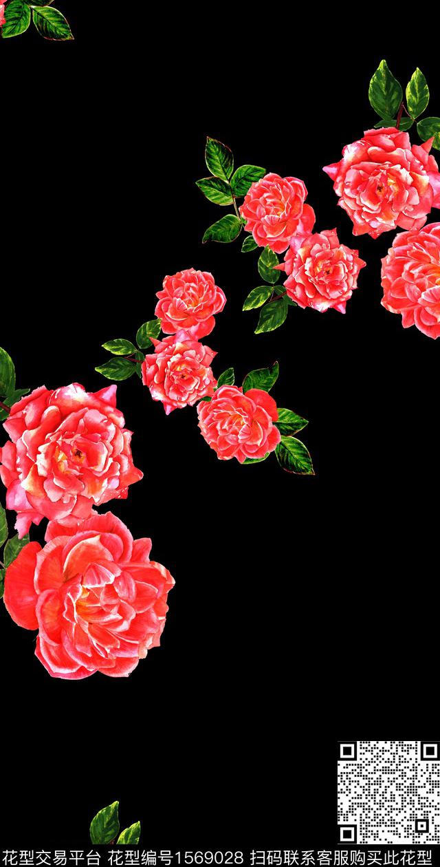 花卉水彩玫瑰花数码印花华亿平台下载（图片编号: 1569028） - 瓦栏（Walan）