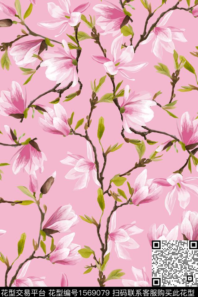 花卉玉兰花树枝数码印花华亿平台下载（图片编号: 1569079） - 瓦栏（Walan）