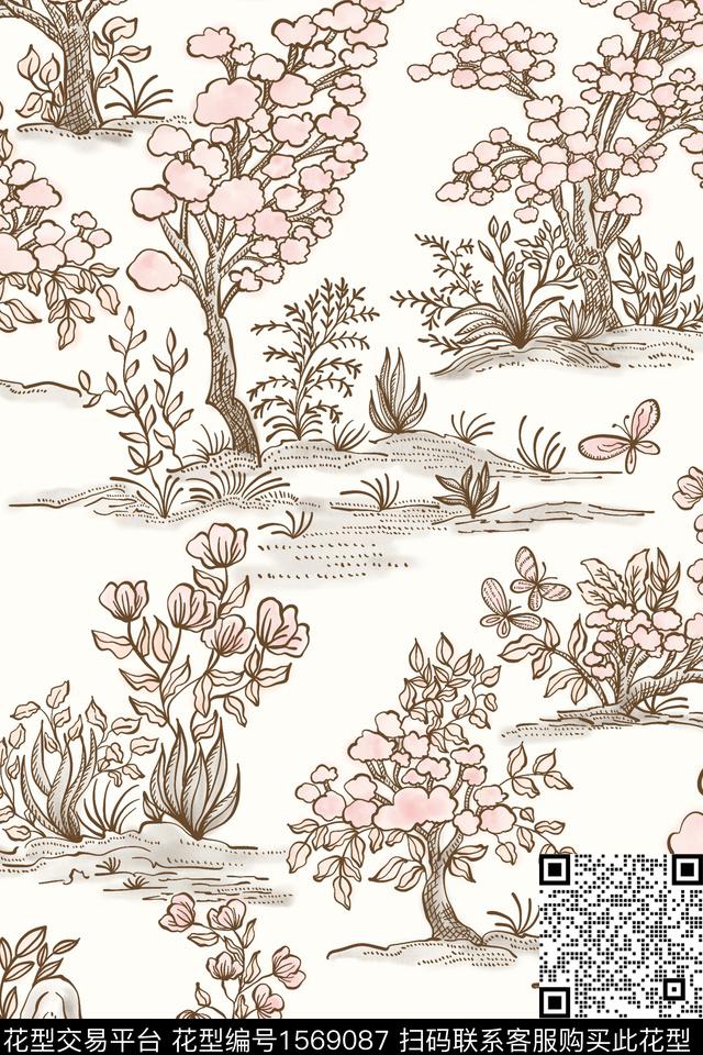 小清新花卉素描数码印花华亿平台下载（图片编号: 1569087） - 瓦栏（Walan）