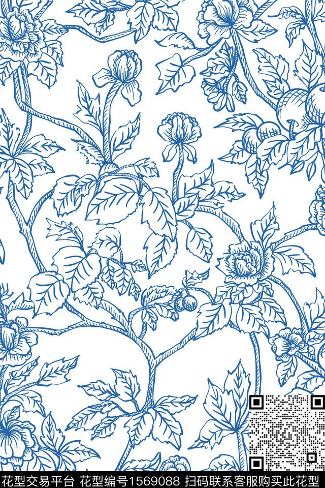 小清新花卉素描数码印花华亿平台下载（图片编号: 1569088） - 瓦栏（Walan）