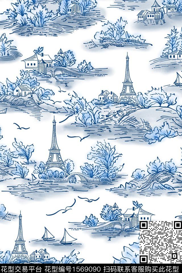 小清新风景景观素描数码印花华亿平台下载（图片编号: 1569090） - 瓦栏（Walan）