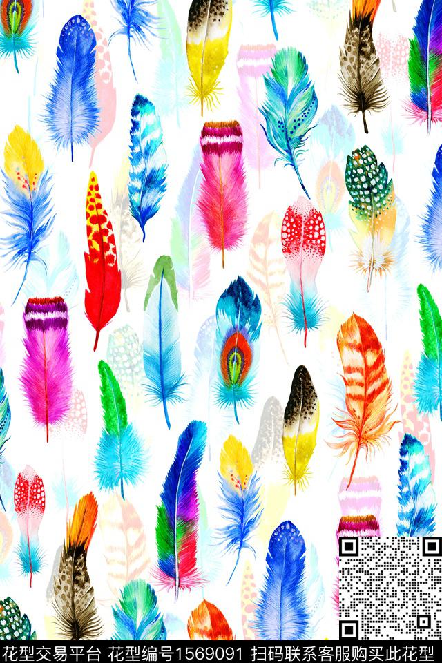 趣味水彩羽毛数码印花华亿平台下载（图片编号: 1569091） - 瓦栏（Walan）