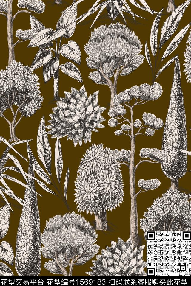 植物树素描数码印花华亿平台下载（图片编号: 1569183） - 瓦栏（Walan）