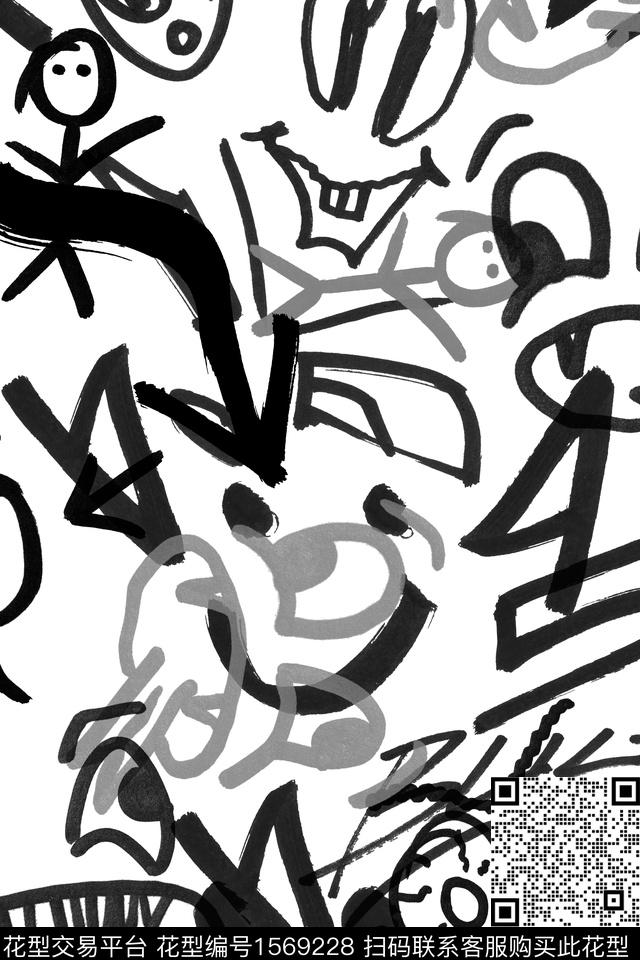 线条趣味涂鸦数码印花华亿平台下载（图片编号: 1569228） - 瓦栏（Walan）